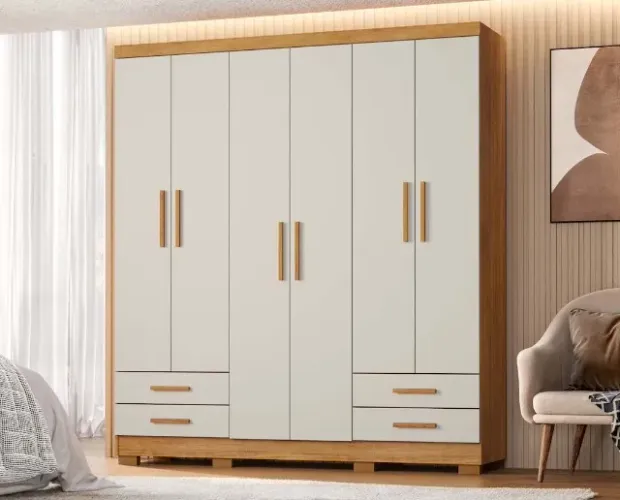 Roupeiro P/ Casal - 6 Portas + 4 Gavetas - Cedro/Areia 206cm Larg