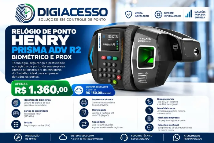 RELÓGIO DE PONTO HENRY PRISMA ADV R2 - NOVO