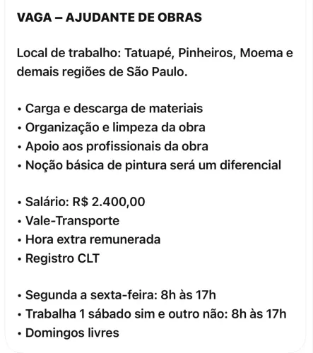 VAGA - AJUDANTE DE OBRAS