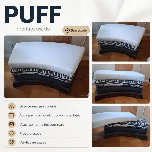 Puff/banquinho com base em madeira pesada + almofadas originais