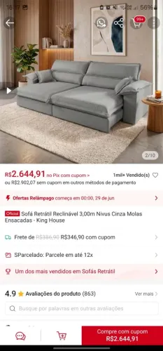 Sofá Retrátil Reclinável Nivus Cinza Molas Ensacadas