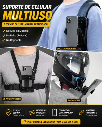 Kit 3 e 1 Suporte de peito, Suporte para mochila, Suporte de celular para capacete 