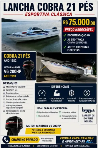 Lancha 21 pés 200hp V6 oportunidade