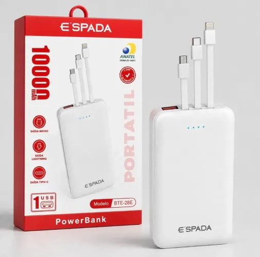 Power Bank 10000mAh E'SPADA BTE-28E 3 Cabos Embutidos