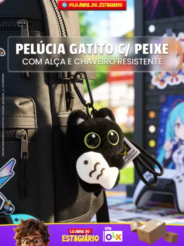 Gatinho Preto com Peixe / Pelúcia Fofa / Acompanha Chaveiro / Produto Novo / Envio Rápido