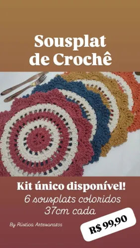 Sousplat de Crochê colorido kit com 6 peças,, 37cm cada
