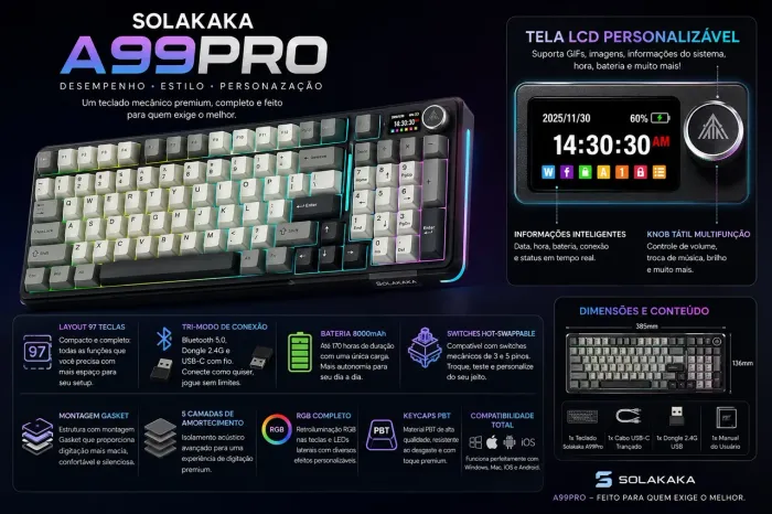 Teclado mecânico com tela tft sem fio