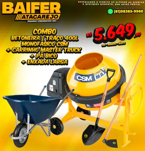 Combo Betoneira 400l Com Moto Csm + Carrinho de Mão Master truck + Pá Bico + Enxada Larga
