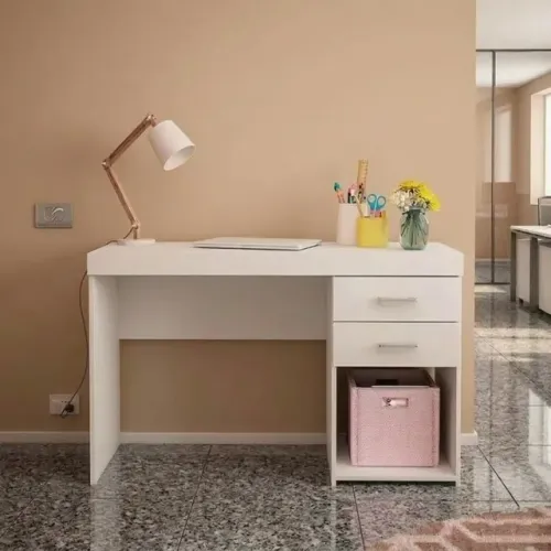 Mesa com 2 gavetas na cor branca para escritório