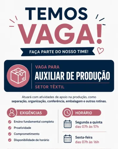 VAGA EMPREGO AUXILIAR DE PRODUÇÃO