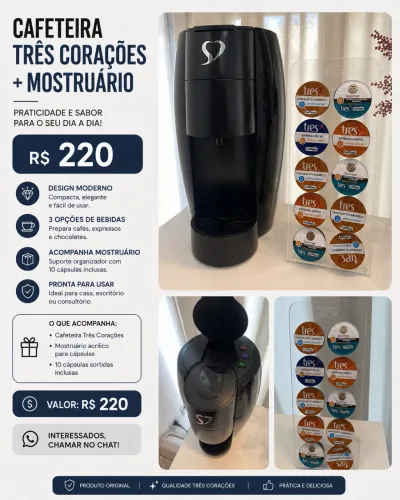    Cafeteira Três Corações + Mostruário + 10 Cápsulas | R$ 220