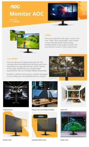 Monitor Aoc 27 120hz 1ms Gaming Ips Adaptive-sync 27b35h Preto