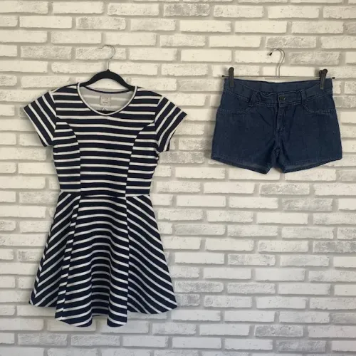 Kit Infantil Vestido Listrado Fuzarka Renner + Shorts Jeans Hering Kids Tamanho 12
