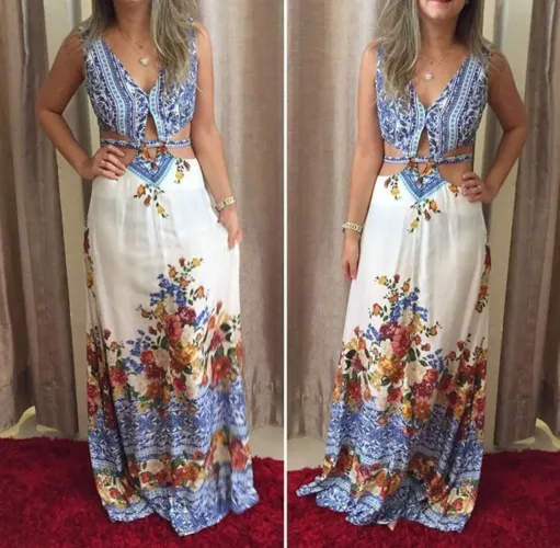 Vestido Longo Floral - Azul e Branco