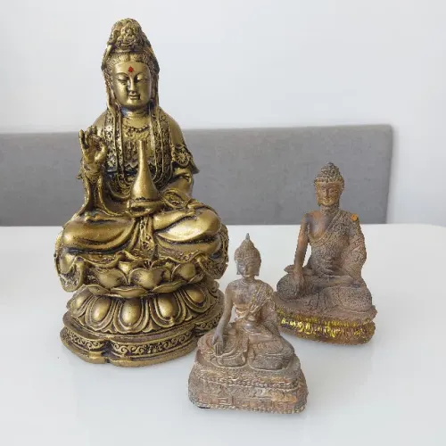 NOVO | Estátua Kuan Yin Dourado 24cm + 2 Buda Hindu Decorativos