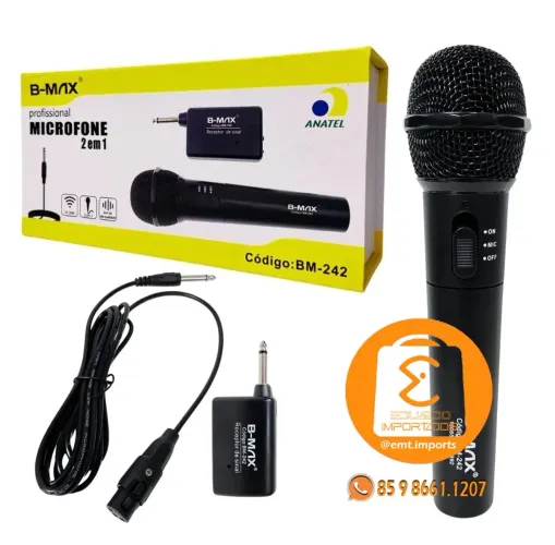 Microfone Profissional 2 em 1 Com Fio e Sem Fio B-MAX BM-242