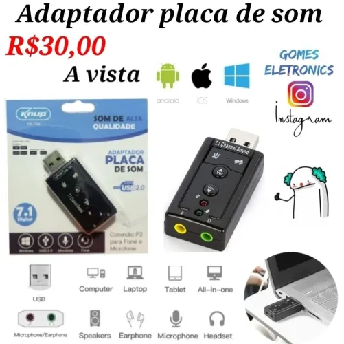 Adaptador Placa de Som USB 7.1 - R$30,00 (Loja fisica)