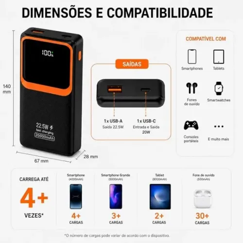 Carregador Portátil (Power Bank) 20000mAh Turbo 22.5w