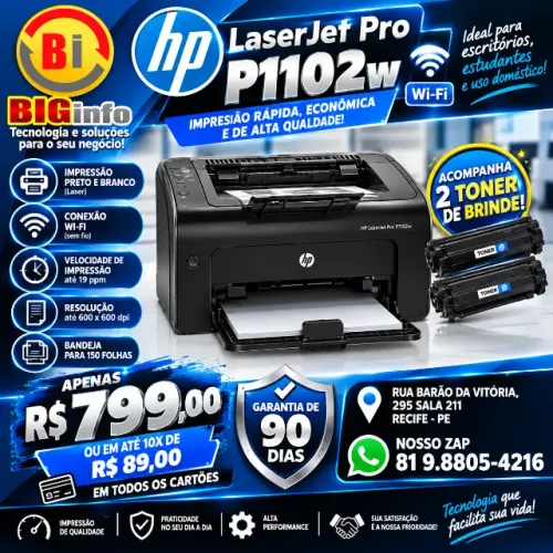 Impressora HP LaserJet Pro P1102w - Wifi - Brinde 2 Toner - Em ate 10x Fixas 