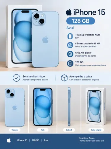 iPhone 15 Azul, 128 Gb novinho