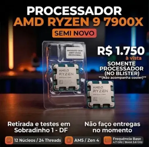 Processador AMD Ryzen 9 7900X (AM5) 12 Núcleos | 24 Thread 4.7 GHz / Boost 5.6 GHz