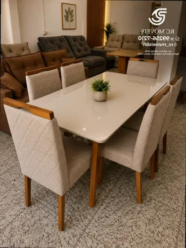 Mesa de jantar 1,70x0,90 Tampo Vidro Laqueado + 6 Cadeiras Madeira maciça