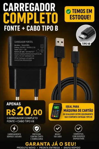Carregador Completo V8 Tipo B | Fonte + Cabo USB-B | Novo