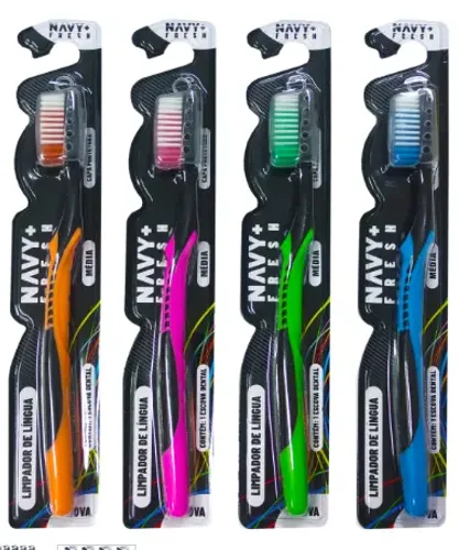 4 escovas de dente Navy Fresh media adulto, 4 cores, limpador de lingua e capa protetora