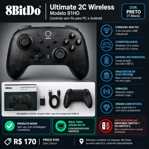 Controle 8BitDo Ultimate 2C Wireless ? NOVO R$ 170 FIXO