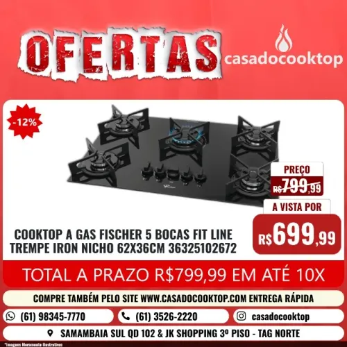 COOKTOP A GAS FISCHER 5 BOCAS FIT LINE TREMPE IRON 36325102672 NICHO 62X36CM