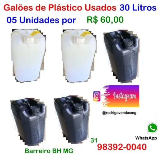 Galão de plástico 30 Litros 05 peças comercio reservatório combustível casa bombona agro