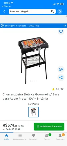 Churrasqueira Elétrica Gourmet c/ Base para Apoio Preta 110V - Britânia