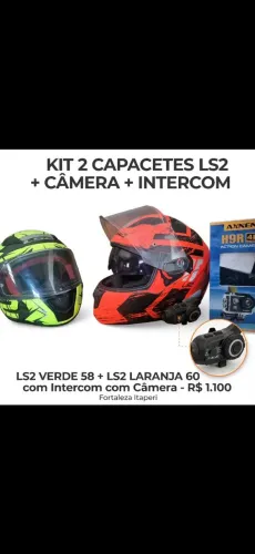 2 capacetes LS2 com câmera e comunicador.