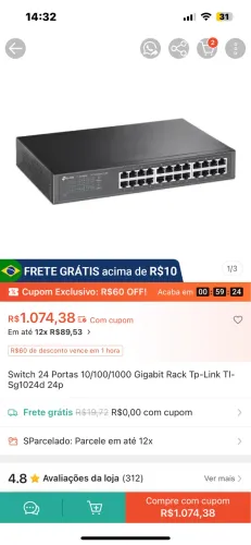 Switch 24 Portas Gigabit 10/100/1000 Mbps TP-Link TL-SG1024D