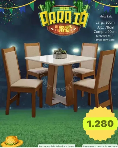 Mesa com 4/ cadeiras e tampo de vidro MDF