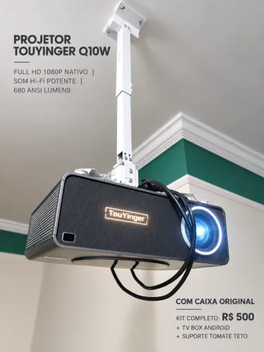 Projetor Touyinger Q10W Som Hi-Fi 1080p Nativo Caixa Original, TV Box e Suporte Teto