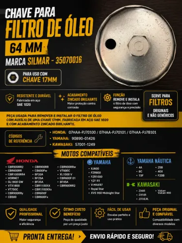 Imperdível! Tirar Filtro Óleo de moto 64mm - 07HAA-PJ70100 / 07HAA-PJ70101 / 07HAA-PJ7B1