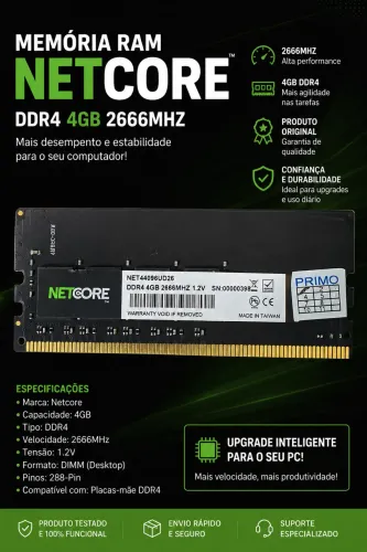 Memória RAM DDR4 4GB 2666MHz Netcore para PC Desktop - Testada e Funcionando