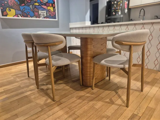 Mesa Jantar Madeira Maciça + 6 Cadeiras Revestidas em Aço