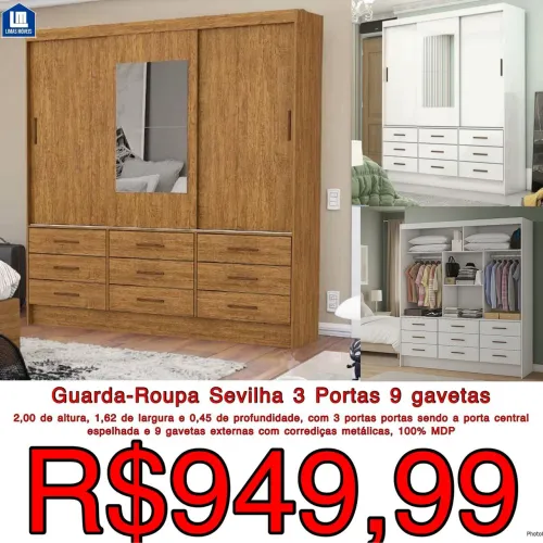 GUARDA ROUPA SERVILHA 3 PORTAS 9 GAVETAS