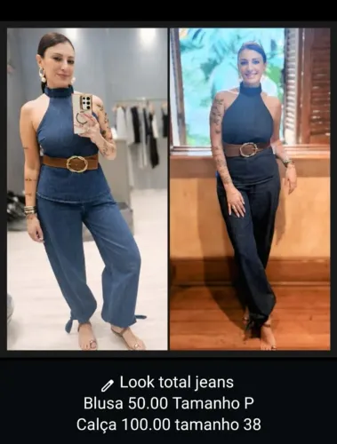 conjunto total jeans, composto por blusa e calça jeans