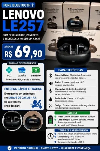 Fone Bluetooth Lenovo LE257 Original - 25h de bateria