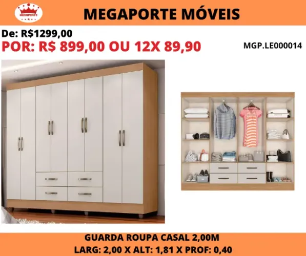 Guarda Roupa Casal 8 P 2,00x1,81 com 4 Gavetas