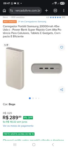 Carregador Portátil Samsung 20000mah 45w Usb-c Power Bank Super Rápido com Alta Potência
