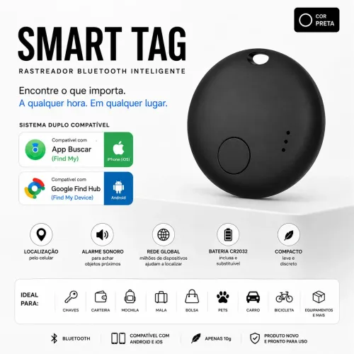 Rastreador Smart Tag Bluetooth Android e iOS Compatível Find My e Google Find Hub Preto