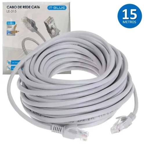 Cabo de Rede de 15 Metros Cat 6 para CFTV e Rede, Até 1000Mbps, Cinza - It-Blue
