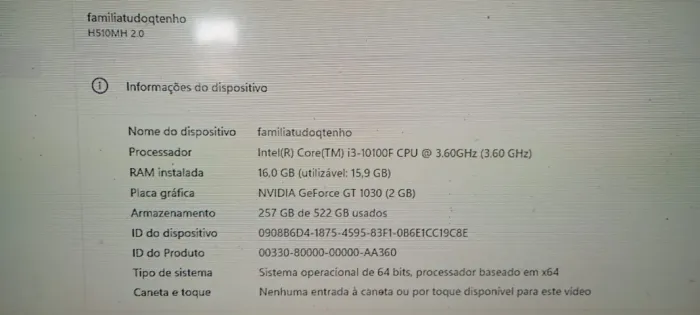 Pc processsador i3 10100f,16 Gb memoria ddr4, placa de video gt 1030, 2x ssd 110gb e 1 hd.