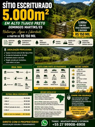 LOTE ESCRITURADO DE 5.000 m² EM ALTO TIJUCO PRETO - DOMINGOS MARTINS/ES, PARCELO, TROCO