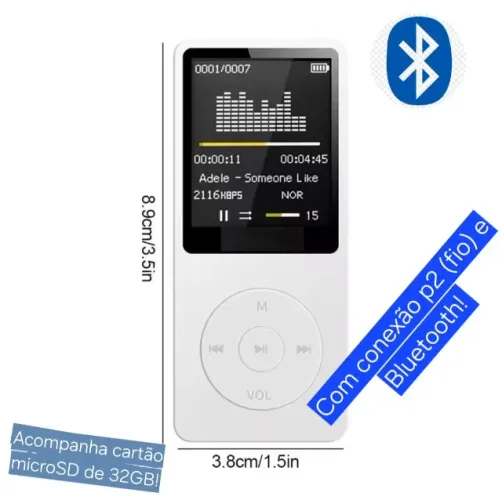 Mini MP3 Player Bluetooth 32GB - Caixa De Som Embutida, Rádio FM, P2 - Branco - NOVO
