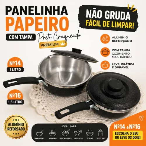 Panelinha Papeiro com Tampa Preto Craqueado Premium Nº14 e 16 | Não Gruda, Fácil de Limpar